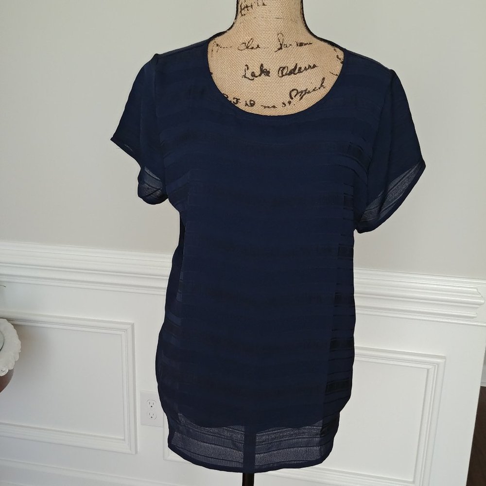 Ann Taylor Factory Mixed Media Shirt, Short Sleeve, Striped Pattern Large